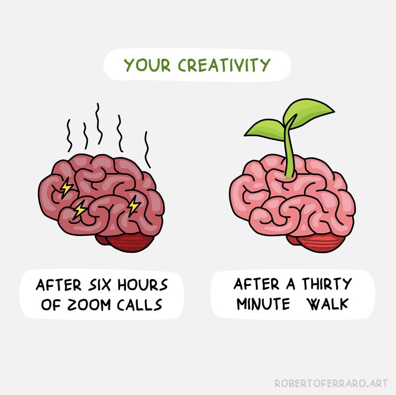 Shows a brain after a Zoom call and after a 30-minute walk.